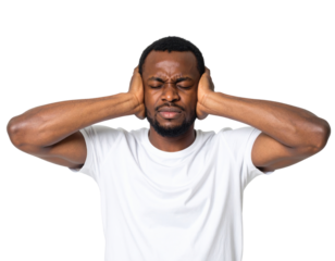 Man With Eyes Closed Covers Ears Against Noise 49 Characters isolated on transparent background. PNG die-cut for advertising