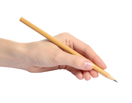Caucasian woman's left hand holding a sharpened wooden pencil for writing or drawing isolated on transparent background. PNG die-cut for advertising
