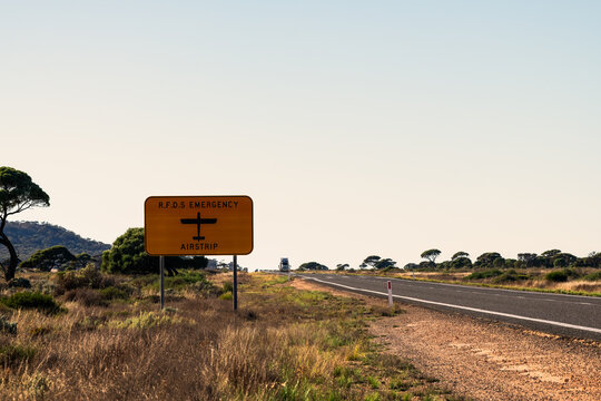 Road Airstrip landing sign on side of road, Eyre Highway, Western Australia