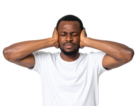 Man With Eyes Closed Covers Ears Against Noise 49 Characters isolated on transparent background. PNG die-cut for advertising