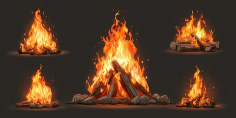 Cartoon Campfire Illustration with Bright Flames and Fireball