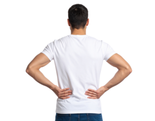 Back view of a man in a white t shirt and blue jeans with hands on his hips isolated on transparent background. PNG die-cut for advertising