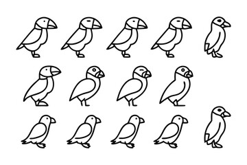 Puffin Collection: A minimalistic depiction of puffins, showcasing their distinctive features in a clean, black and white illustration.