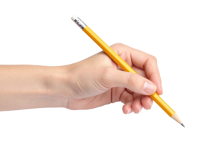 Human Hand Holding A Yellow Pencil Poised To Write Or Draw isolated on transparent background. PNG die-cut for advertising