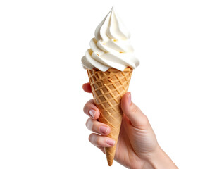 A person's hand holds a vanilla soft serve ice cream cone with a waffle cone isolated on transparent background. PNG die-cut for advertising