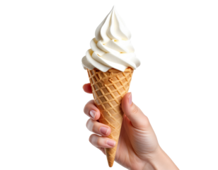 A person's hand holds a vanilla soft serve ice cream cone with a waffle cone isolated on transparent background. PNG die-cut for advertising