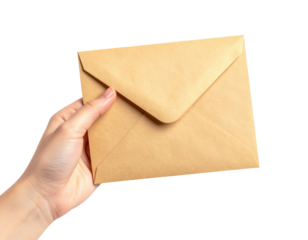 Hand Holding A Brown Envelope Paper Communication isolated on transparent background. PNG die-cut for advertising