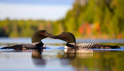 Common Loons Touching Beaks on Calm Water with Autumnal Background