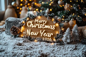 Festive wooden sign with "Merry Christmas and New Year 2026" message, illuminated by warm lights, nestled amongst Christmas decorations and a soft blanket
