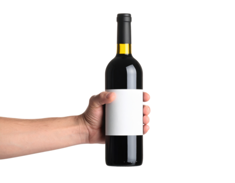 Hand Holding A Bottle Of Red Wine With A Blank Label isolated on transparent background. PNG die-cut for advertising