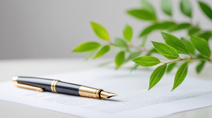 Trade negotiation, free trade agreement, A sleek pen rests on a document, accompanied by fresh green leaves, symbolizing clarity and growth in communication or decision-making.