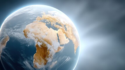 Trade negotiation, free trade agreement, A stunning view of Earth from space, showcasing continents and oceans with dramatic lighting effects highlighting the planet's surface.