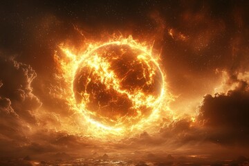 Fiery celestial sphere, blazing amidst a dramatic sky