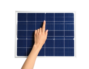 Hand Touching A Solar Panel Grid On A isolated on transparent background. PNG die-cut for advertising