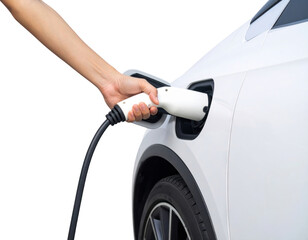 Hand Plugging Electric Vehicle Charger Into Car Port isolated on transparent background. PNG die-cut for advertising