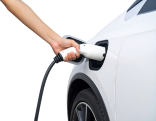 Hand Plugging Electric Vehicle Charger Into Car Port isolated on transparent background. PNG die-cut for advertising