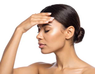 Young Woman Touching Forehead With Closed Eyes Profile View isolated on transparent background. PNG die-cut for advertising