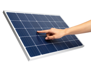Hand touching a photovoltaic solar panel showing renewable energy technology isolated on transparent background. PNG die-cut for advertising