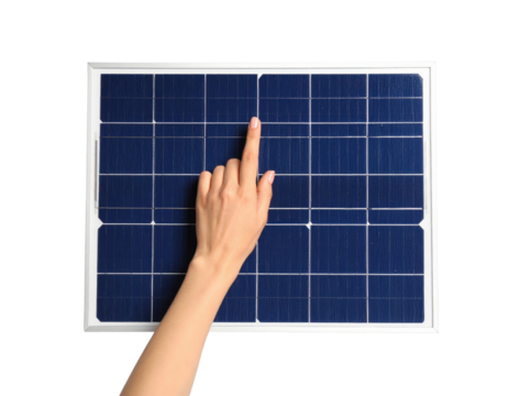 Hand Touching A Solar Panel Grid On A isolated on transparent background. PNG die-cut for advertising
