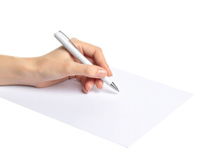 A woman's hand holding a white pen poised to write on a blank sheet of paper isolated on transparent background. PNG die-cut for advertising