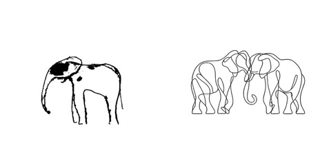 Modern illustration featuring a cute elephant in a continuous line art drawing style with minimalist black linear sketch isolated on white background