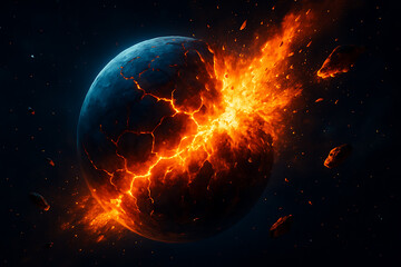Obraz premium Exploding Planet with Fiery Cracks and Debris in Deep Outer Space