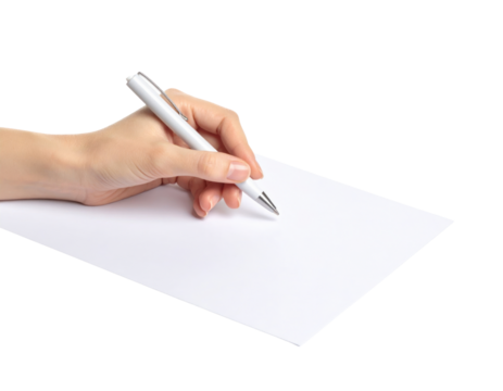 A woman's hand holding a white pen poised to write on a blank sheet of paper isolated on transparent background. PNG die-cut for advertising