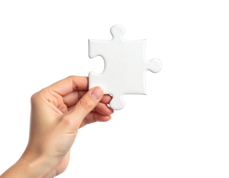 A Hand Holding A White Puzzle Piece isolated on transparent background. PNG die-cut for advertising