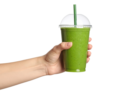 Hand Holding A Green Smoothie In A Clear Plastic Cup With A Straw isolated on transparent background. PNG die-cut for advertising