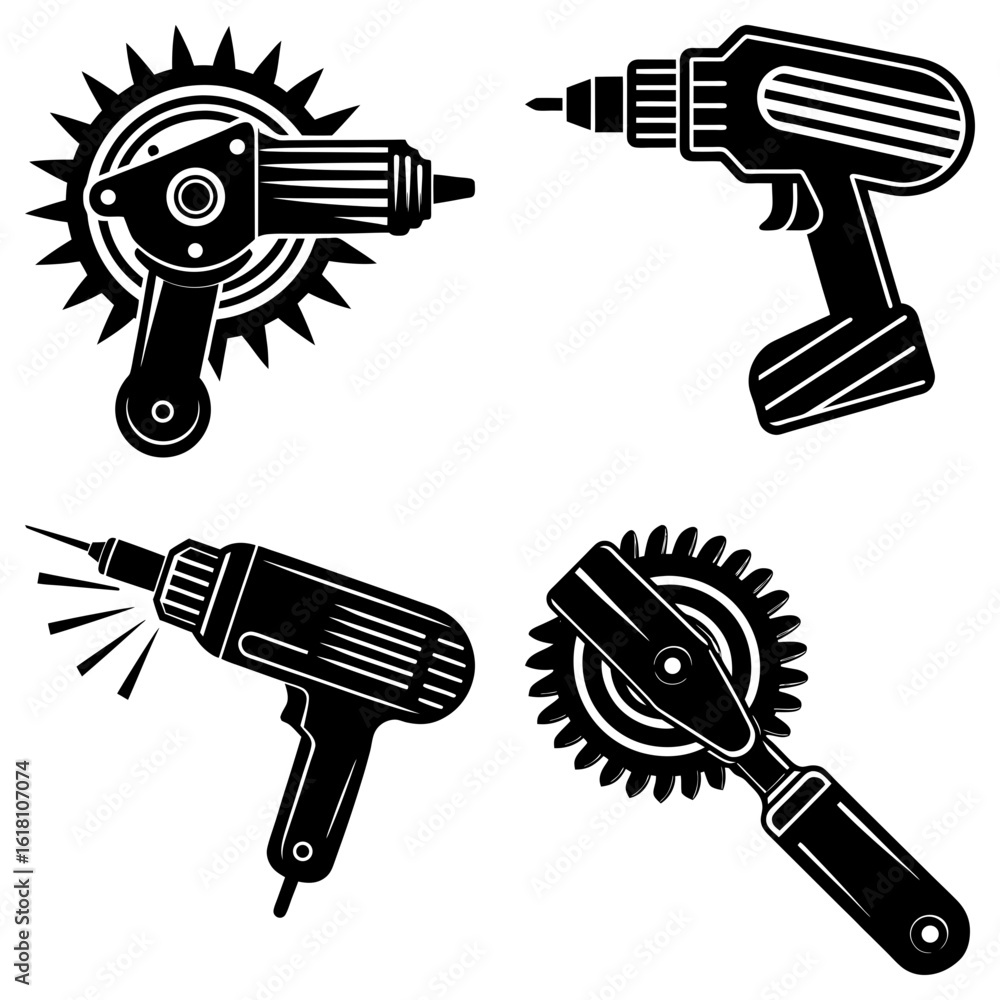 Poster illustration of four different black and white power tools on a white background in vector format