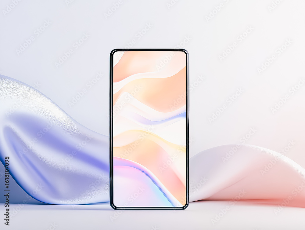 Poster smartphone mock up featuring a blank screen, surrounded by flowing fabric in soft pastel colors, cre
