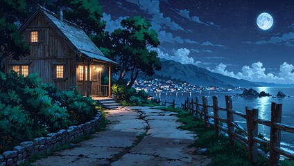 Anime style moonlit lakeside cabin with glowing windows overlooking peaceful night village and mountains