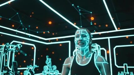 A futuristic gym scene featuring a smiling woman with glowing facial lines engaged in a workout surrounded by exercise equipment and digital elements in a high-tech environment - Powered by Adobe
