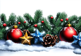 Illustration of pine needles and Christmas decorations.