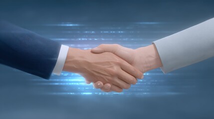 Trade negotiation, free trade agreement, Two hands shaking with a glowing effect in the background, symbolizing agreement, partnership, or collaboration in a modern context.
