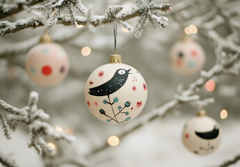 A cute Christmas bauble depicting a bird on a white pine tree.