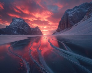 Fiery winter sunrise over frozen lake