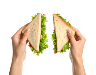 Two halves of a triangle sandwich with lettuce and tomato held by hands isolated on transparent background. PNG die-cut for advertising