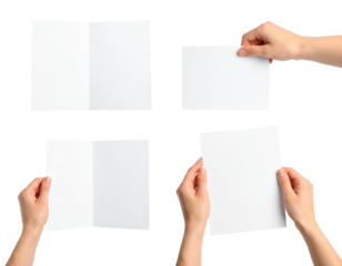 Four isolated hands holding blank white paper sheets and folded leaflets isolated on transparent background. PNG die-cut for advertising