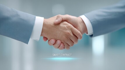 Trade negotiation, free trade agreement, A close-up of two hands shaking, symbolizing agreement in a business context, with the words "SMART CONTRACT" displayed beneath.