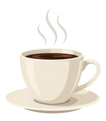 White Glossy Coffee Cup with Steam, Transparent Background, Realistic Icon for Web Design