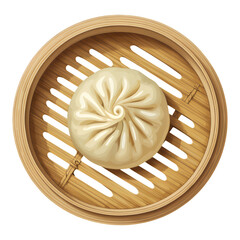 White Glazed Dumpling in Bamboo Steamer, Transparent Background, 3D Realism Illustration