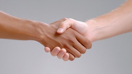 Trade negotiation, free trade agreement, Two hands of different skin tones shaking, symbolizing unity, cooperation, and diversity against a neutral background.