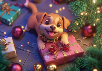 Cute cartoon puppy with a Christmas gift and decorations.