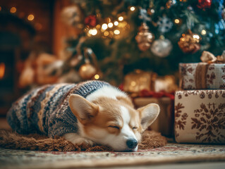 Cute Corgi puppy sleeping under Christmas tree in festive sweater,cozy winter holiday home atmosphere with warm lights and decorations