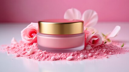 Elegant pink cosmetic cream with golden lid surrounded by fresh roses and aromatic powder perfect for skincare and beauty promotions
