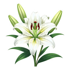 White Lily Flower with Red Stamen, Transparent Background, Botanical Illustration for Graphic Design