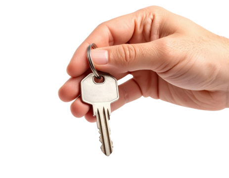 Close Up Of A Human Hand Holding A Single Silver Key With A Keyring isolated on transparent background. PNG die-cut for advertising