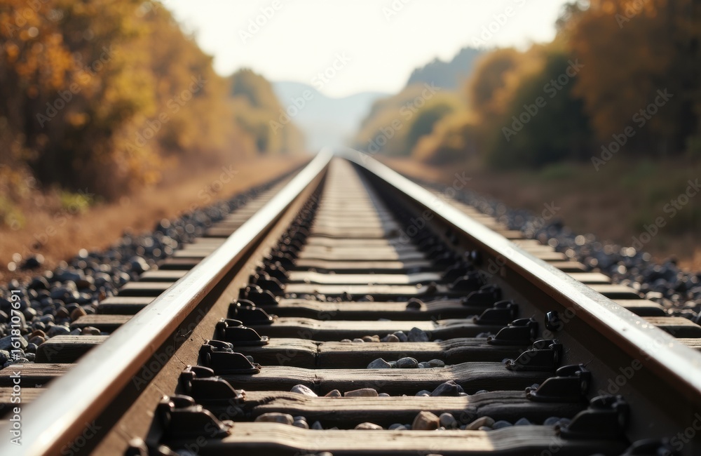 Poster a railway track extends into the distance surrounded by trees with autumn foliage