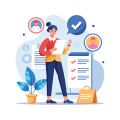 Professional HR Manager Reviewing Resume Illustration, Recruitment Process, Talent Acquisition, Hiring Concept, Human Resources Vector, Job Interview Preparation, Corporate Office Design